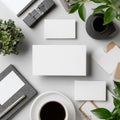 Modern Office Desk Mockup with Business Cards and Coffee Royalty Free Stock Photo