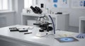 Modern Laboratory Setup with Microscope, Tablet, and Gloves Royalty Free Stock Photo