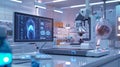 A clean, modern medical laboratory featuring a high-tech scanner analyzing patient data on a large screen, highlighting Royalty Free Stock Photo