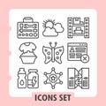 Clean and modern nine vector line icons set featuring toolkit, technology, nature, lifestyle and daily activity concepts Royalty Free Stock Photo