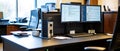 Modern Office Workspace with Dual Monitors and Code Royalty Free Stock Photo