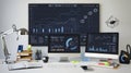 Modern Office Workspace with Data Analysis and Charts on Multiple Monitors - AI generated. Royalty Free Stock Photo