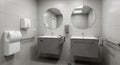 Modern Accessible Public Restroom with Two Sinks, Mirrors, and Hand Dryers bathroom Royalty Free Stock Photo