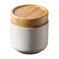 Minimalist white ceramic jar with natural bamboo lid for storage and decor Royalty Free Stock Photo