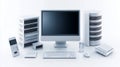 A clean and modern white computer setup with a monitor, keyboard, mouse, and other peripherals Royalty Free Stock Photo