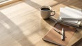 Clean and modern workspace with coffee, notebook, and blank paper Royalty Free Stock Photo