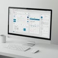 A clean, modern workspace features a sleek, large-screen computer displaying a Royalty Free Stock Photo