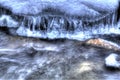 Clean mountain river stream in wintertime with icicles and small rocks closeup photo, multi exposure shot. full frame background