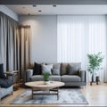 Clean Neutral Color Modern Living Room Cozy Couch Wooden Floor Big Window natural Light Green Plant High Ceiling Led Spot lights Royalty Free Stock Photo