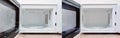 Clean niche and door of the microwave oven after washing. Kitchen appliances before and after washing and cleaning Royalty Free Stock Photo