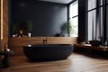 design black home bathtub modern interior wood furniture bathroom luxury minimalist. Generative AI. Royalty Free Stock Photo