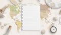 Clean note pad sheet mockup on world map surrounded with sea things Royalty Free Stock Photo