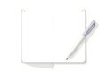 A clean, open, blank notebook with a white pen rests on a pristine white background for copy space. Royalty Free Stock Photo