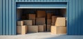 Clean open storage unit, stacked cardboard boxes. Secure facility for business, home, office. Ideal for logistics, moving, Royalty Free Stock Photo
