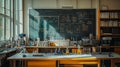 A clean physics classroom with neatly labeled diagrams and lab