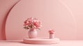 Clean pink minimal podium for product presentation with beautiful fresh roses background. gentle colors. Generative Ai