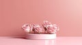 Clean pink minimal podium for product presentation with beautiful fresh roses background. gentle colors. Generative Ai