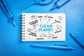Clean Planet. Collection and recycling of waste concept. Chart with keywords and icons. Abstract blue office desk Royalty Free Stock Photo