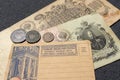 Clean Postcard. Old Russian banknotes and some coins. Russia, early 20th century