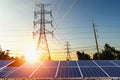 Clean power energy concept. electricity pylon with solar panels Royalty Free Stock Photo