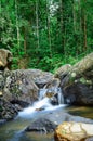 Clean and pure water streams flow through the rock boulders in Beraliya tropical rainforest. Peaceful natural scenery landscape Royalty Free Stock Photo