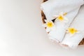 Clean rolled towels an plumeria flowers on the white table.