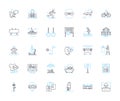Clean routine linear icons set. Scrubbing, Disinfecting, Sanitizing, Clearing, Polishing, Wiping, Mopping line vector