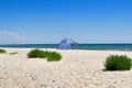 Clean, sandy beach against the blue sea. Landscape on a wild beach. The sea in the summer