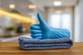 Clean and sanitized workplace with protective glove and towel emphasizing hygiene and safety Royalty Free Stock Photo