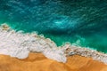 Clean sea and clean beach. Clean beach with yellow sand. Seascape aerial photography. Sea coast, view from the height. Royalty Free Stock Photo