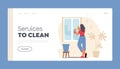 Clean Services Landing Page Template. Woman Cleaning Home Wiping Window with Wet Rag and Sprayer, Household Activity