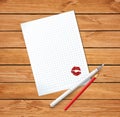 Clean sheet with red kissmark, fountain pen and red pencil Royalty Free Stock Photo