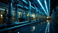 Clean shining interior of the plant. Thick blue pipes system lit with neon light. Generative AI