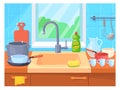 Clean shiny dishes in kitchen sink cartoon interior