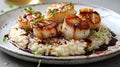 Clean shot of truffle risotto with seared scallops, microgreens, and balsamic glaze on white background Royalty Free Stock Photo