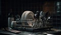 Clean silverware and crockery stack on wooden table in kitchen generated by AI