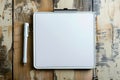 Minimalistic whiteboard and marker on wooden surface