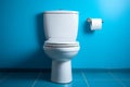 Clean and simple a white ceramic toilet stands against a backdrop of calming blue