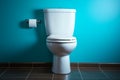 Clean and simple a white ceramic toilet stands against a backdrop of calming blue