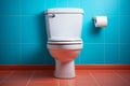 Clean and simple a white ceramic toilet stands against a backdrop of calming blue