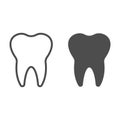 Clean single tooth with root line and solid icon. Teeth care symbol, outline style pictogram on white background