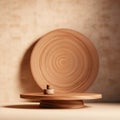 Clean and Smooth Round Teak Wooden Podium with Beautiful Wood Finish. Generative AI