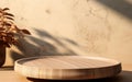 Clean smooth round teak wooden podium beautiful wood grain in sunlight shadow on beige brown stucco texture wall for luxury Royalty Free Stock Photo