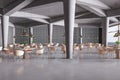 Clean spacious concrete restaurant interior with panoramic city view, tables and chairs. Cafeteria project concept.