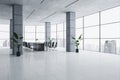 Clean spacious concrete tile meeting room interior with panoramic windows and city view. Law and legal, boardroom concept. 3D