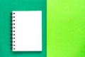 Clean spiral note book for notes on green background. Minimal business flat lay mock up