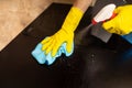 Clean with spray cleaner, rubber gloves and dishcloth Royalty Free Stock Photo