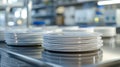 clean stacked white plates in a commercial kitchen environment Royalty Free Stock Photo