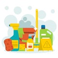 Clean stains liquid for cleaning, washing things, household, order and sanitation in home design, cartoon vector