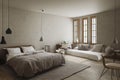 Clean Sustainable Primary Bedroom Interior with Wood Window Trim and Hanging Pendant Lights